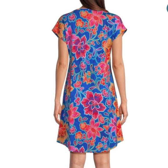 JOHNNY WAS Daniela Jersey Knit Cap Sleeve Round Neck Floral Printed Dress - Picture 2 of 11